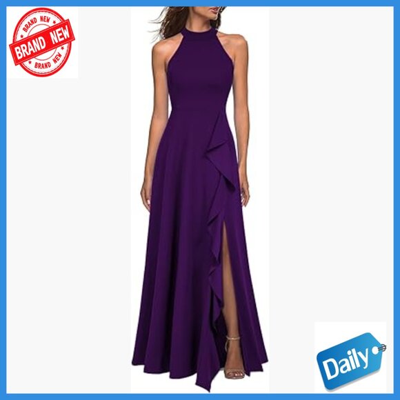Slim Fit High Neck Maxi Dress with Split Hem for Formal Cocktail Parties